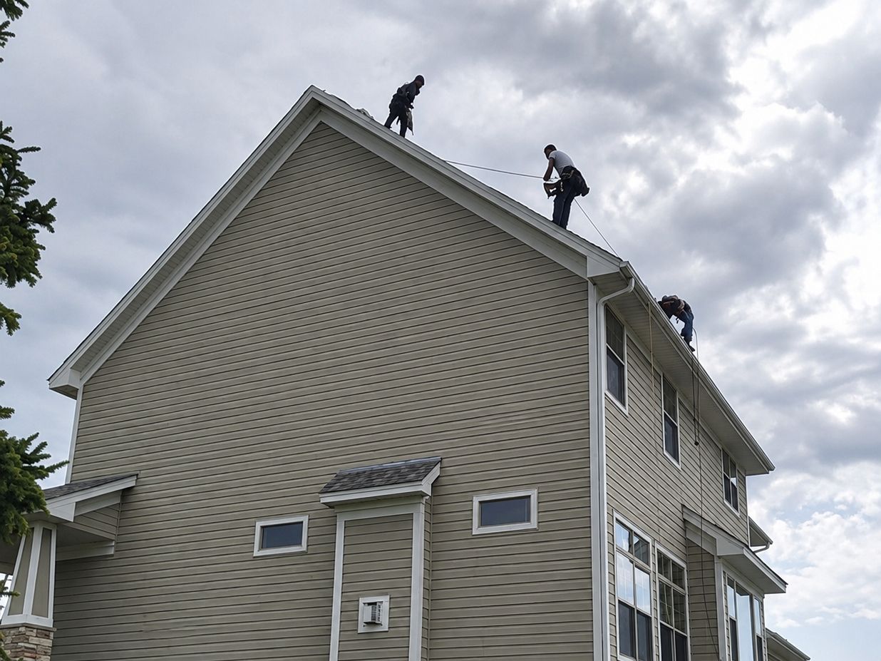 Crew working on the roof of a tall house
