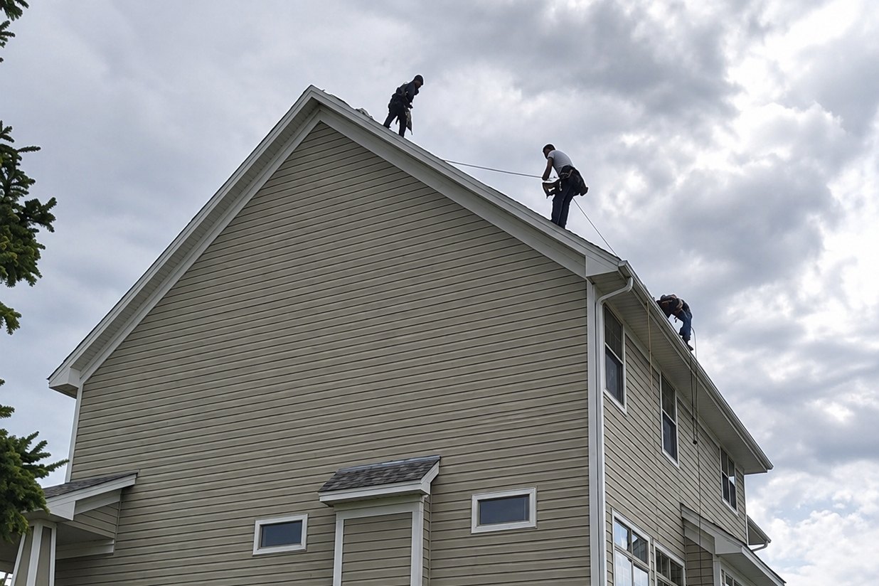 Roofing crew working on a tall two-story house