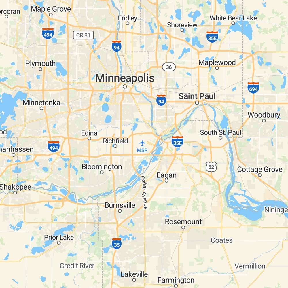 Map of the Twin Cities metro area showing the suburbs served for Windows, Siding, and Roofing