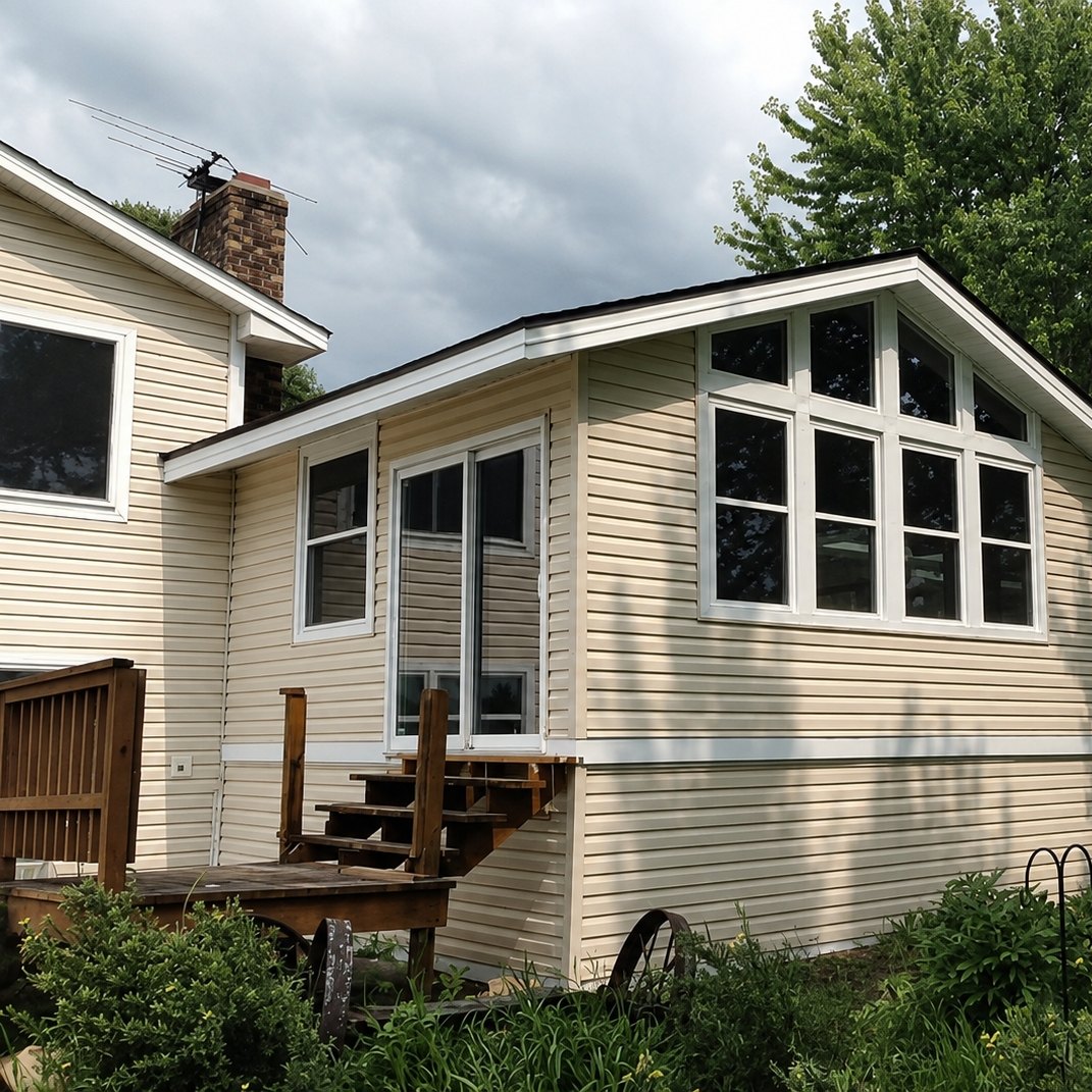 Three-season room with a full wall of new Windows under the gable