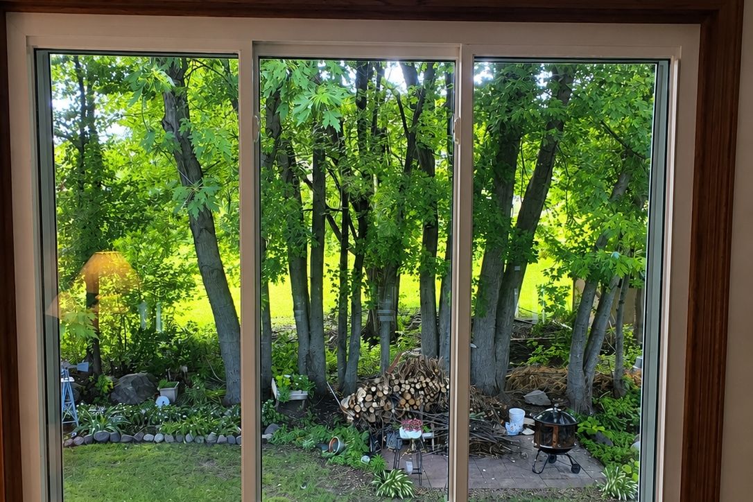 Wide new window unit looking out to trees, seen from inside the room